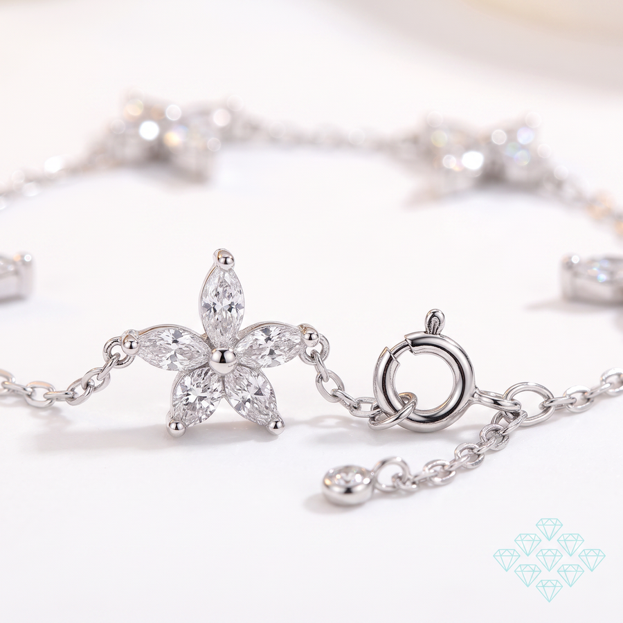 Macro sur le fermoir à ressort et une fleur en pierres du bracelet Panchay en argent sterling 925