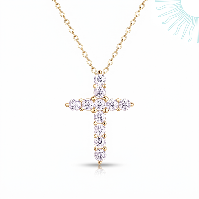 Collier Jerovia en vermeil or 18 carats sur argent 925, croix pavée de pierres sur fond clair
