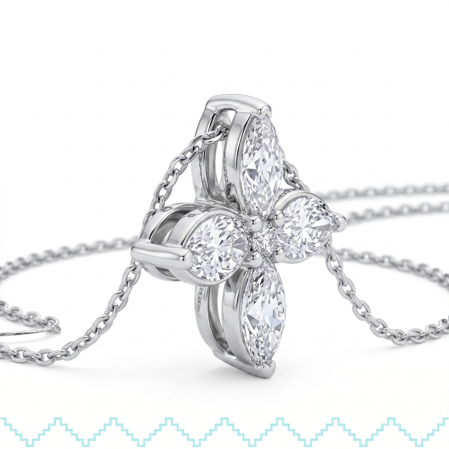 Gros plan de trois quarts sur le pendentif fleur du collier Azucena en argent sterling 925