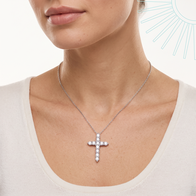 Collier Jerovia en argent sterling 925 porté au cou, croix posée sur un haut écru