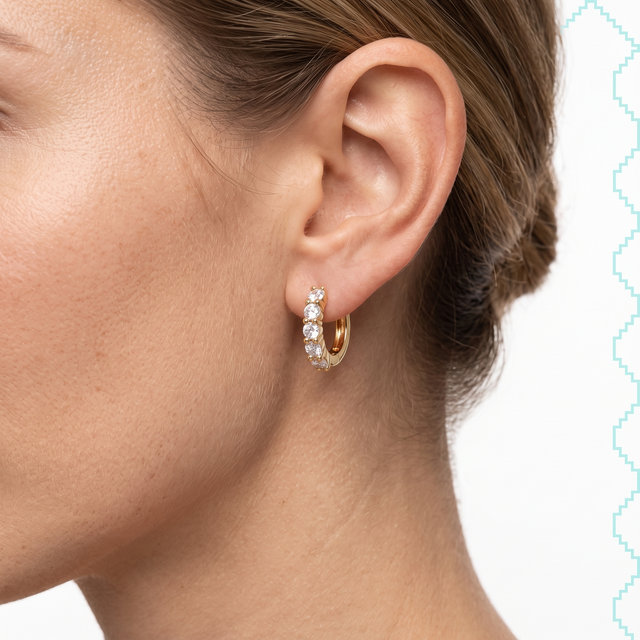 Boucles d'oreilles Aquira en vermeil or 18 carats sur argent 925 portées à l'oreille, profil d'un visage