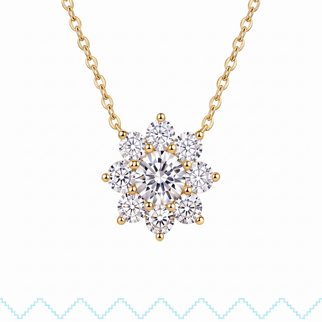 Collier Morotĩ en vermeil or 18 carats sur argent 925, pendentif fleur de moissanite vu de face sur fond blanc